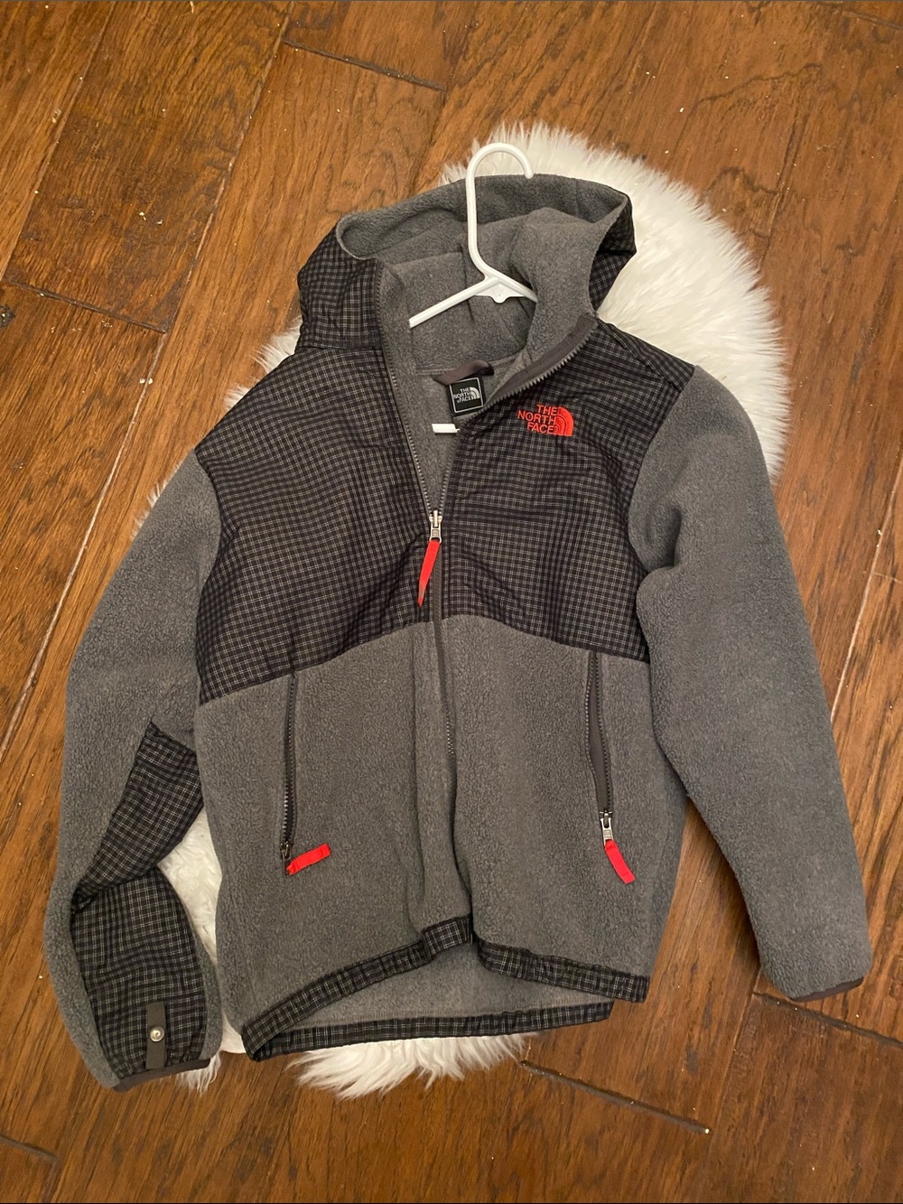 The North Face Kids' Grey Hooded Fleece Jacket with Red Accents